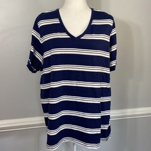 Lands' End Navy and White Striped Short Sleeve Shirt